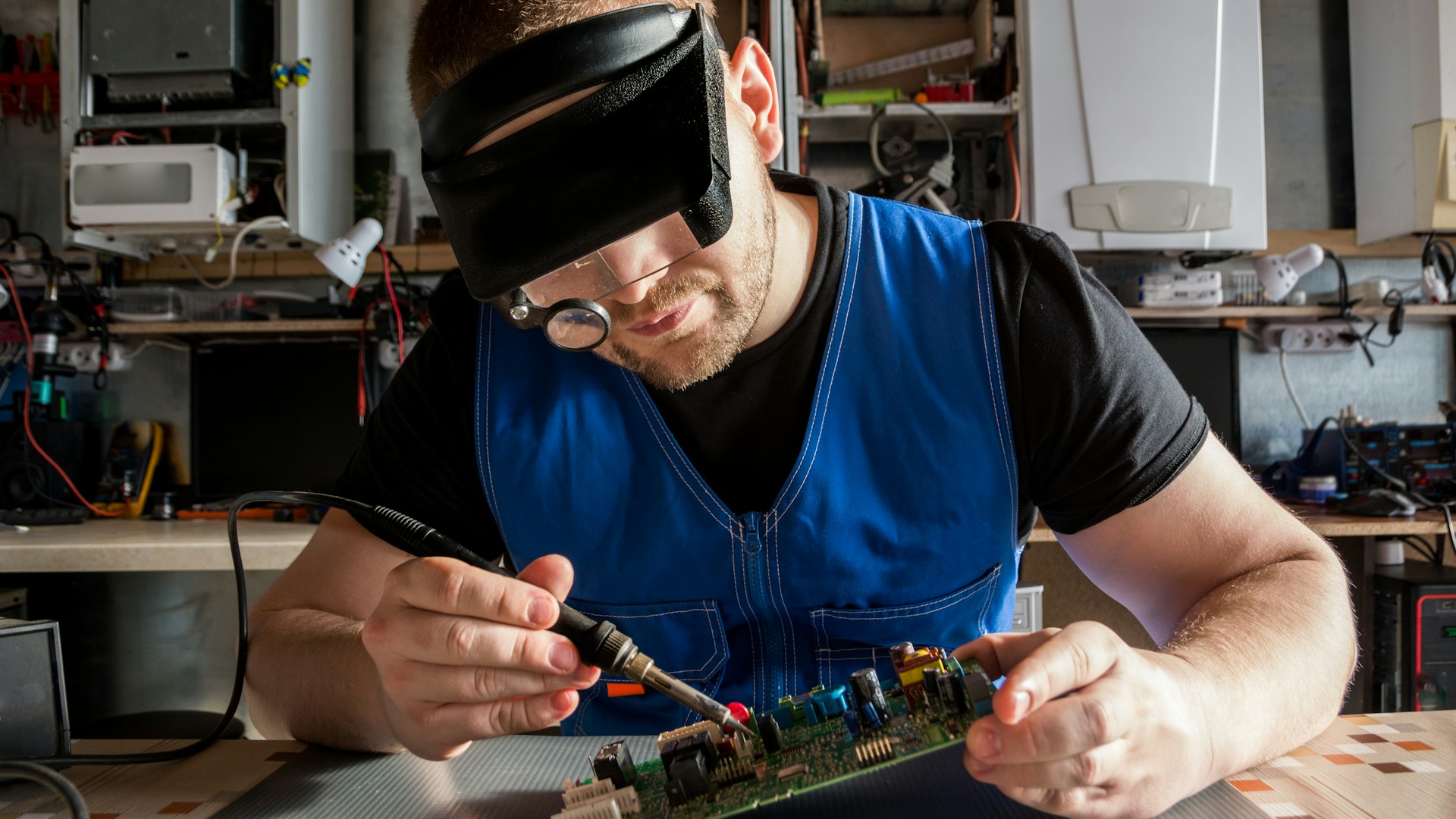 a man wearing a blindfold working on a circuit board