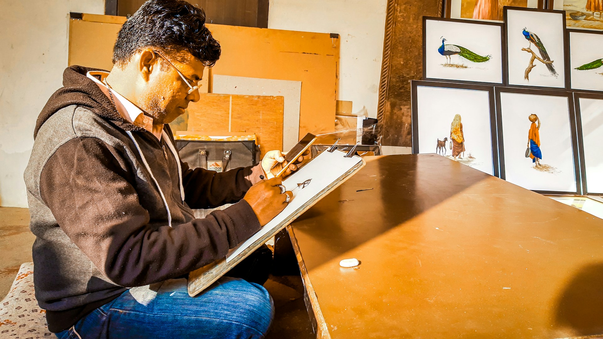 a man sitting at a table working on a piece of paper